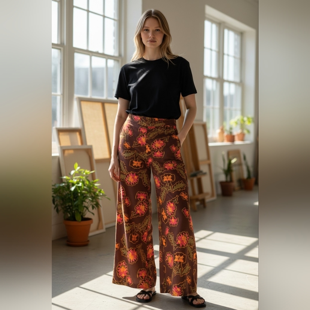Rachel Roy Wide Leg Colorful Floral Pants Ladies Medium Flowers ARTSY TEACHER